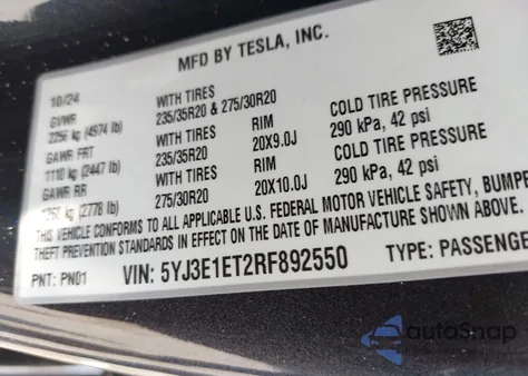 2024 Tesla Model 3 Performance All-Wheel Drive из США, поврежденный, VIN 5YJ3E1ET2RF892550